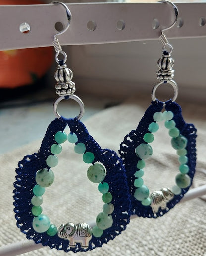 Boucles d'oreilles Jaspe Kiwi & Émeraude – Crochet coton bleu