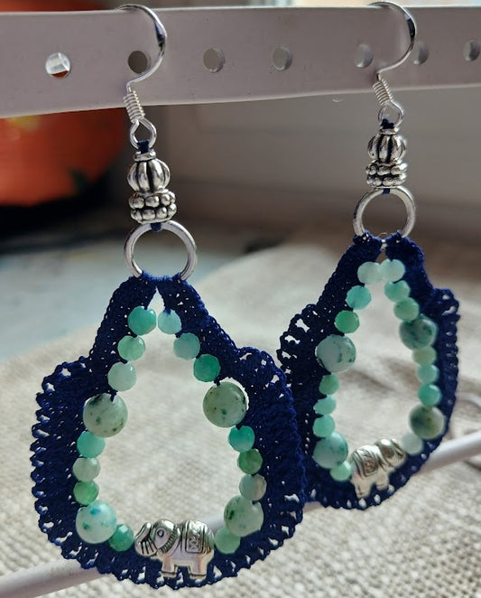 Boucles d'oreilles Jaspe Kiwi & Émeraude – Crochet coton bleu
