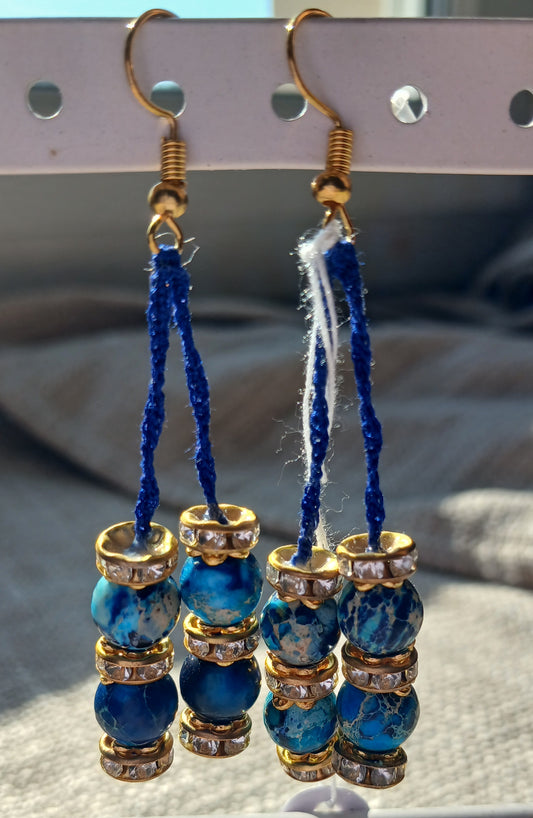 Boucles d'oreilles coton bleu marine — Jaspe impérial & Strass dorés