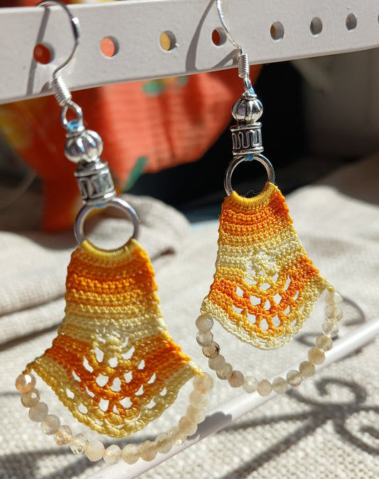 Boucles d'oreilles éventail au crochet – Coton dégradé jaune & perles de citrine facettées