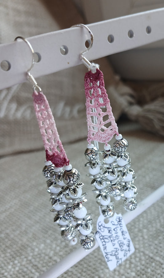 Boucles d'oreilles crochet coton dégradé rose — Agate blanche — Argent sterling