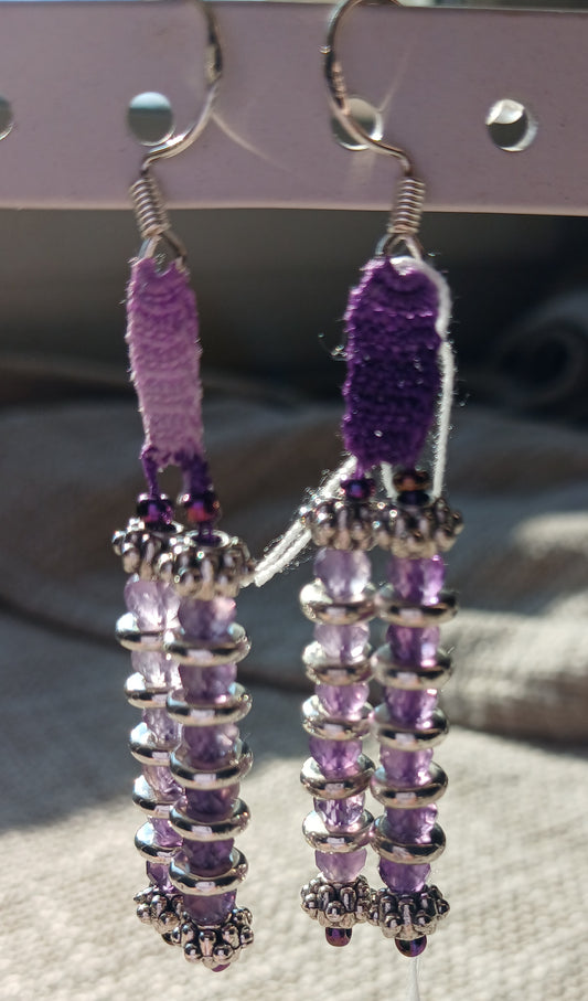 Boucles d'oreilles crochet coton dégradé violet — Améthyste facettée — Argent 925