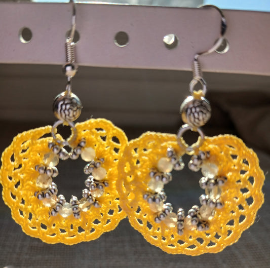 Boucles d'oreilles crochet coton jaune – Citrine facettée & Argent 925