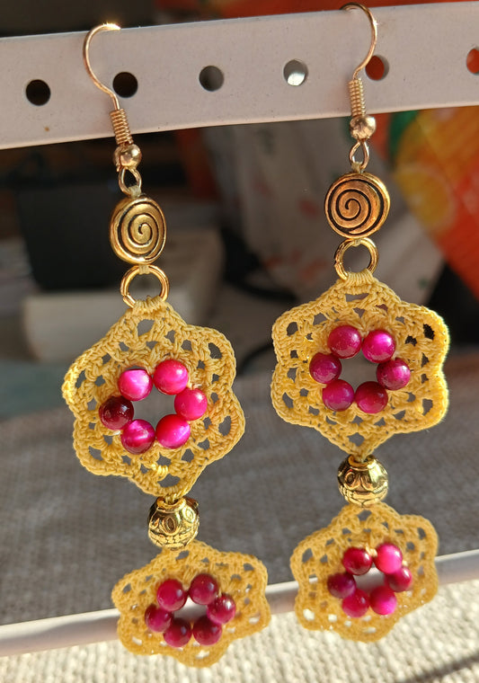 Boucles d'oreilles Crochet Jaune – Perles Œil de Tigre Rouge