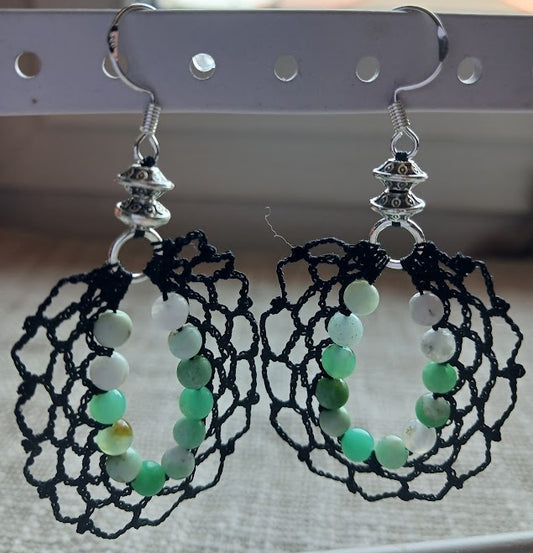 Boucles d'oreilles crochet coton noir – Perles de chrysoprase & Argent 925