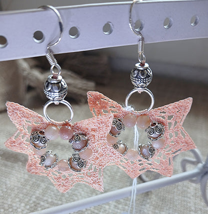Boucles d'oreilles Crochet Orangé – Perles de Pierre de Lune Rose & Argent 925