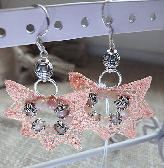 Boucles d'oreilles Crochet Orangé – Perles de Pierre de Lune Rose & Argent 925