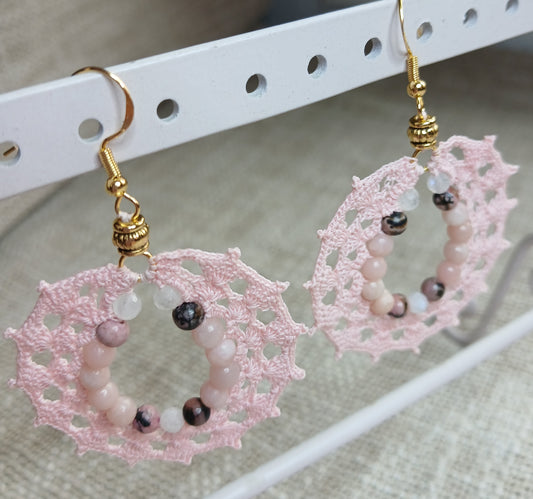 Boucles Opale, Pierre de lune & Rhodonite