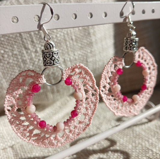 Boucles d'oreilles  Opale rose de Chine, Rubis & Tourmaline rose facettées