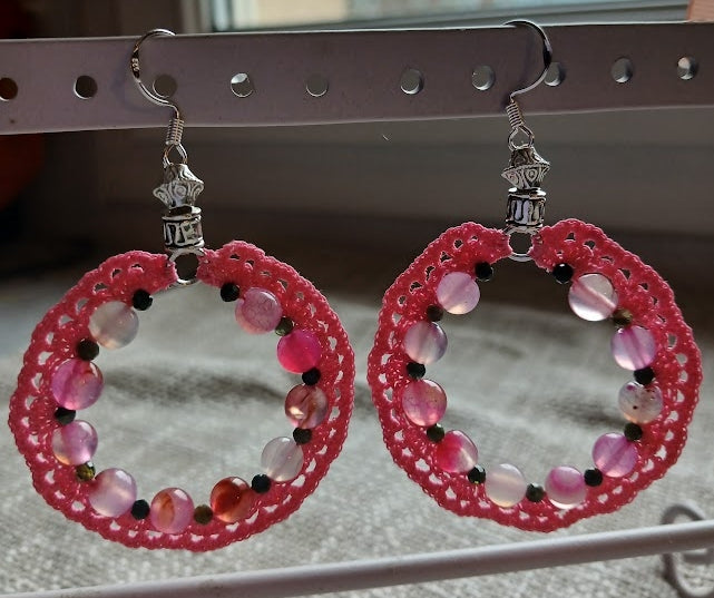Boucles d'oreilles Tourmaline rose & noire – Crochet coton