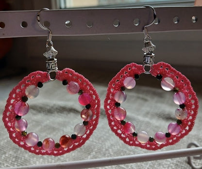 Boucles d'oreilles Tourmaline rose & noire – Crochet coton