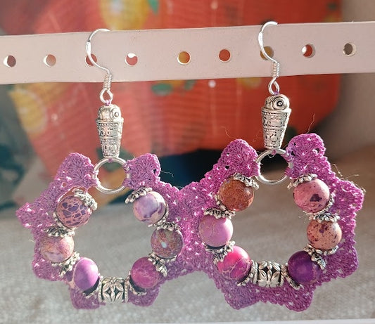 Boucles d'oreilles coton violet & perles de jaspe violet