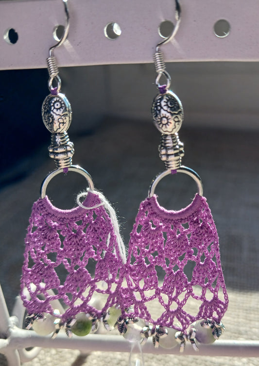 Boucles d'oreilles crochet coton violet – Jade violet & vert, Argent 925