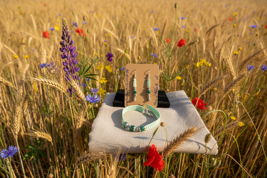 Ensemble Adeline vert avec perles d'agate - champ de blé avec fleurs sauvages
