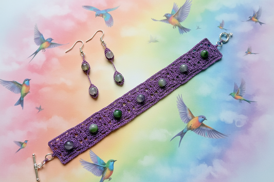 Ensemble Chloé - Bracelet et Boucles d'Oreilles Violet - arc-en-ciel avec oiseaux