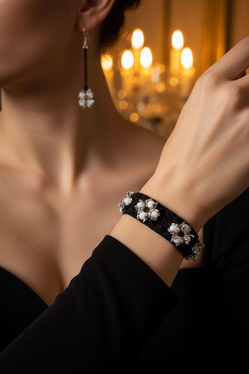 Ensemble Domino - soirée élégante bijoux au premier plan