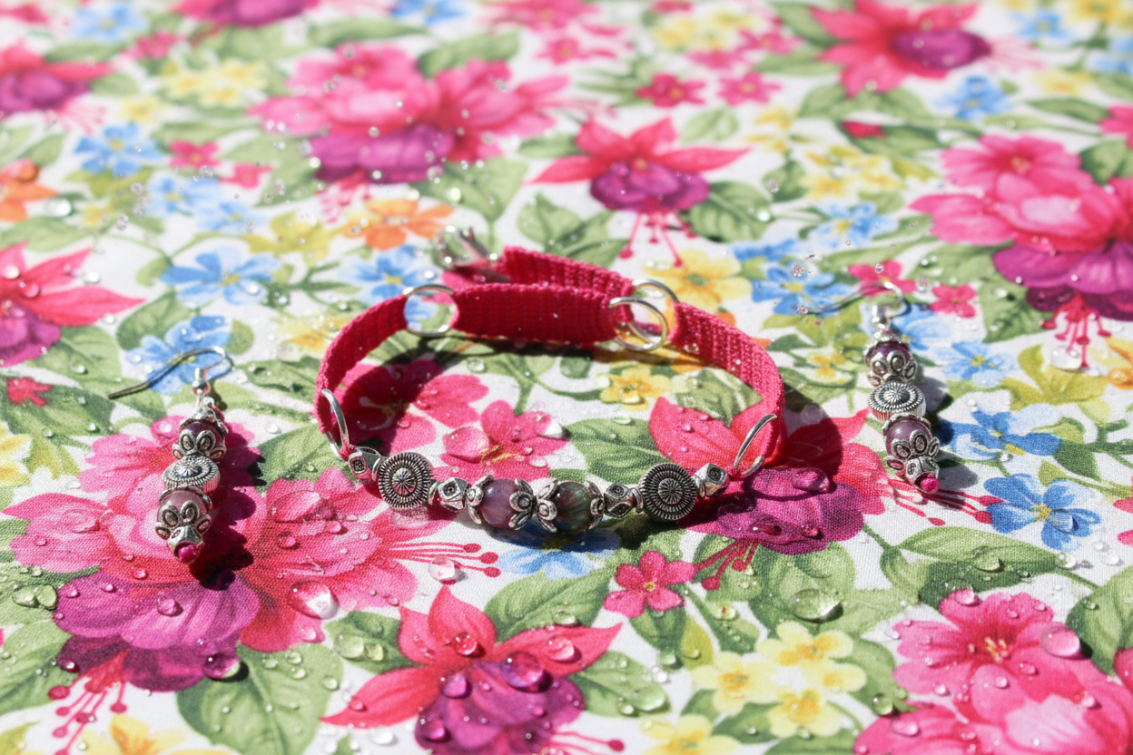 Ensemble Francette rose fuchsia avec perles œil de tigre multicolores - fond tissu floral et éclaboussures d'eau