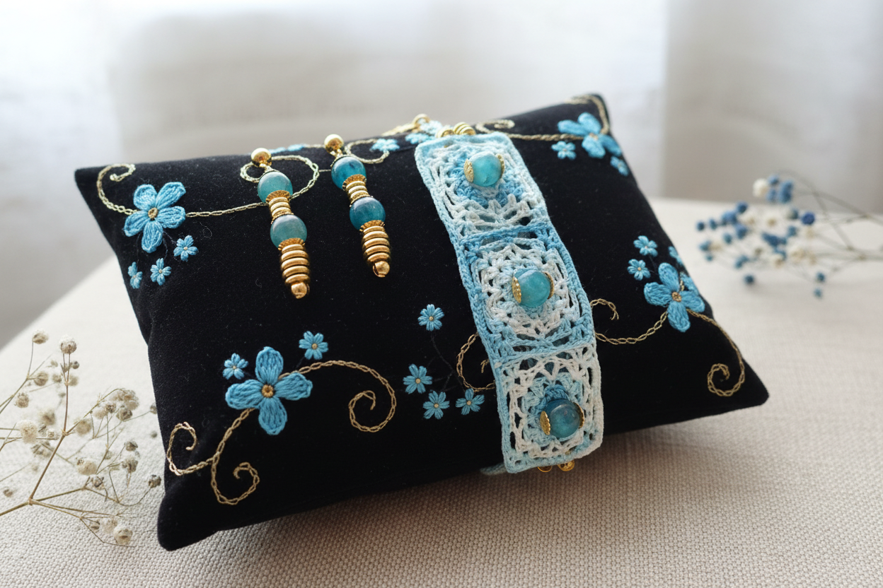 Ensemble Manon - Coussin noir avec fleurs bleues (bracelet 3 perles)