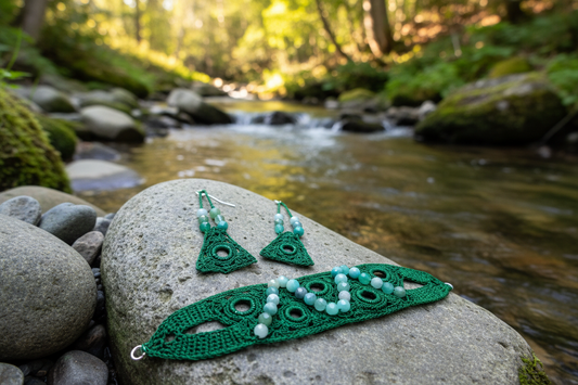 Ensemble Pétronille vert  perles d'émeraudes facétées fait main France crochet artisanal