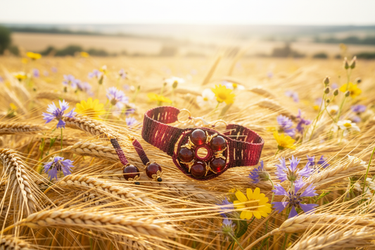 Ensemble Roze bracelet et boucles d'oreilles dégradé de rouge perles de grenat - champ de blé avec fleurs sauvages