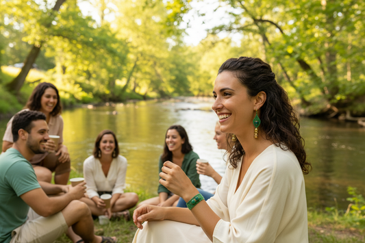 Ensemble Sophie vert avec perles d'agate - porté bord de rivière avec arbres, lumière et amis