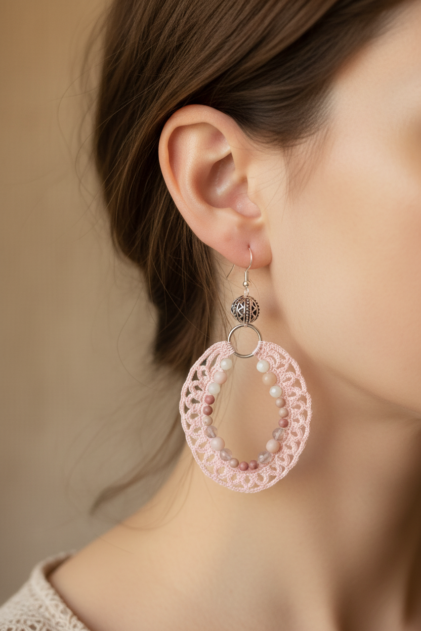 Boucles d'oreilles crochet rose pâle portées — rhodochrosite, opale et nacre