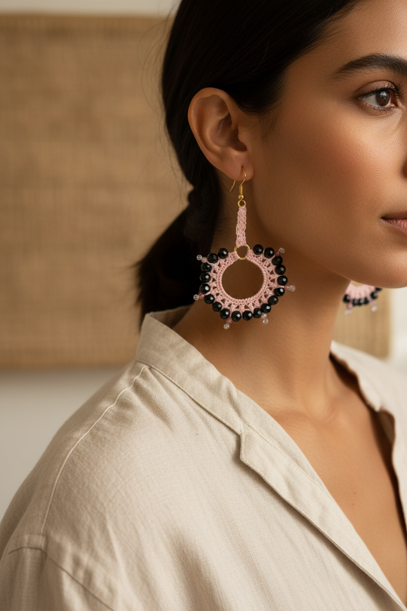 Photo portée — boucles d'oreilles crochet cercle tourmaline noire et rose