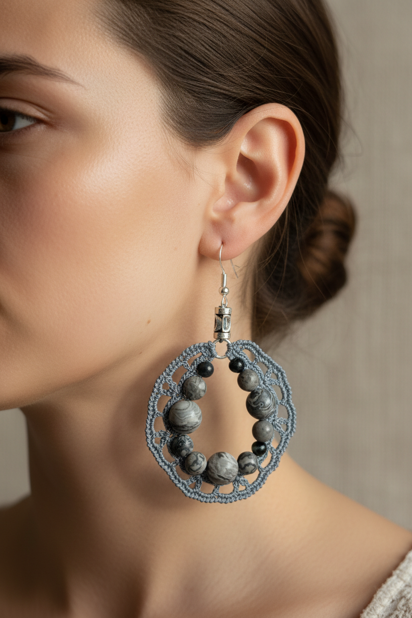 Boucles d'oreilles grisées portées, jaspe Picasso et œil de faucon