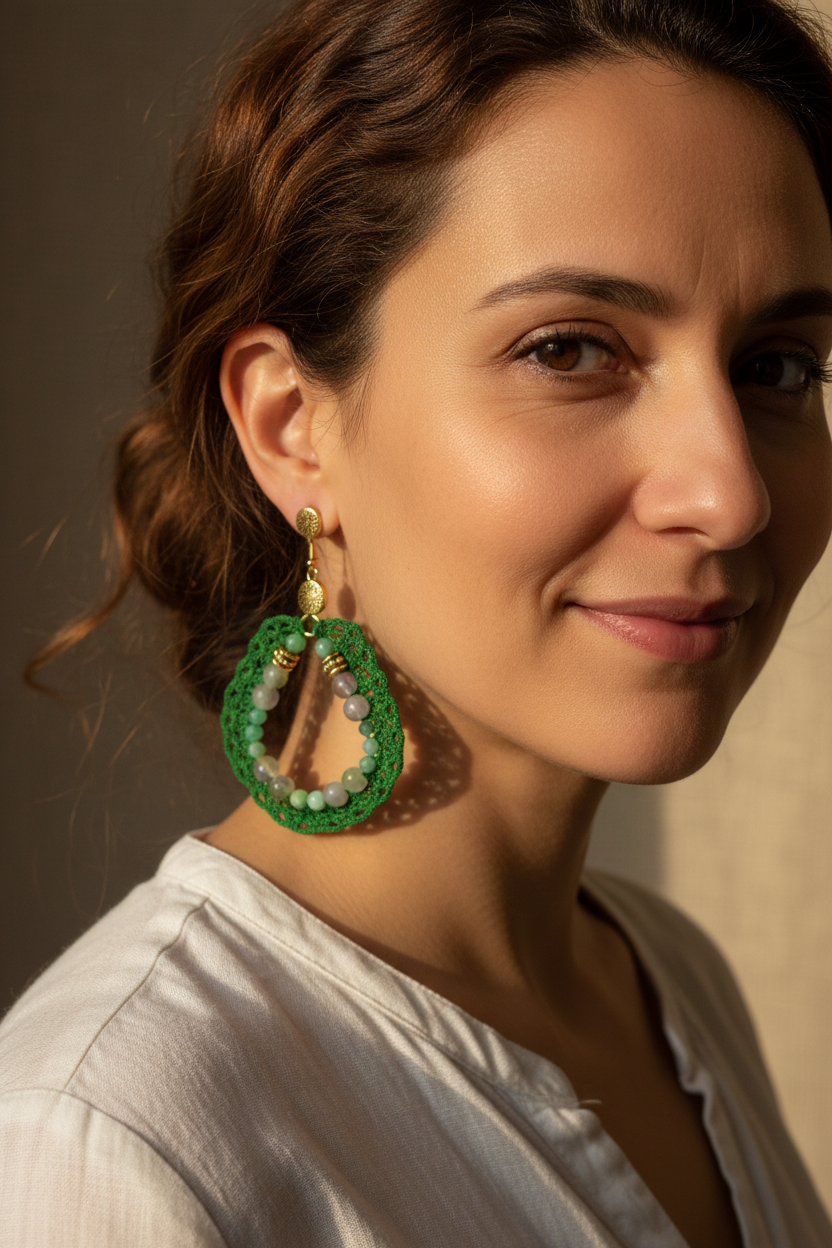 Boucles d'oreilles créoles crochet vert émeraude portées