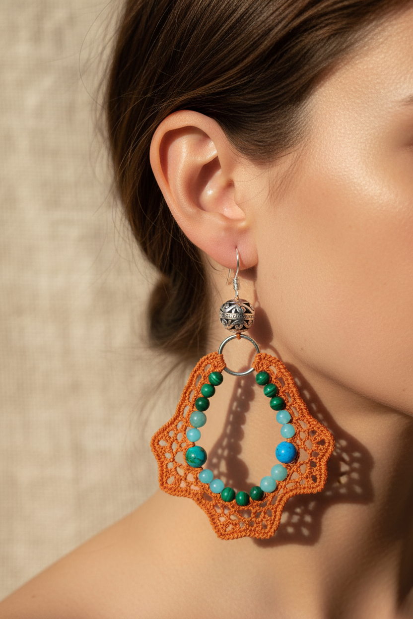 Photo portée boucles d'oreilles crochet brun doré malachite amazonite opale bleue