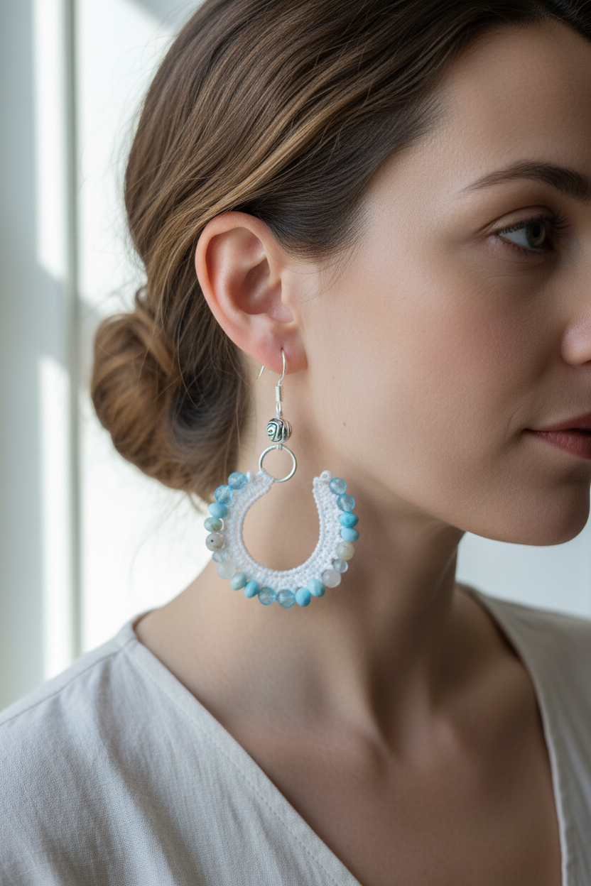 Photo portée — boucles d'oreilles crochet blanc croissant topaze bleue morganite aigue-marine turquoise, charms asymétriques