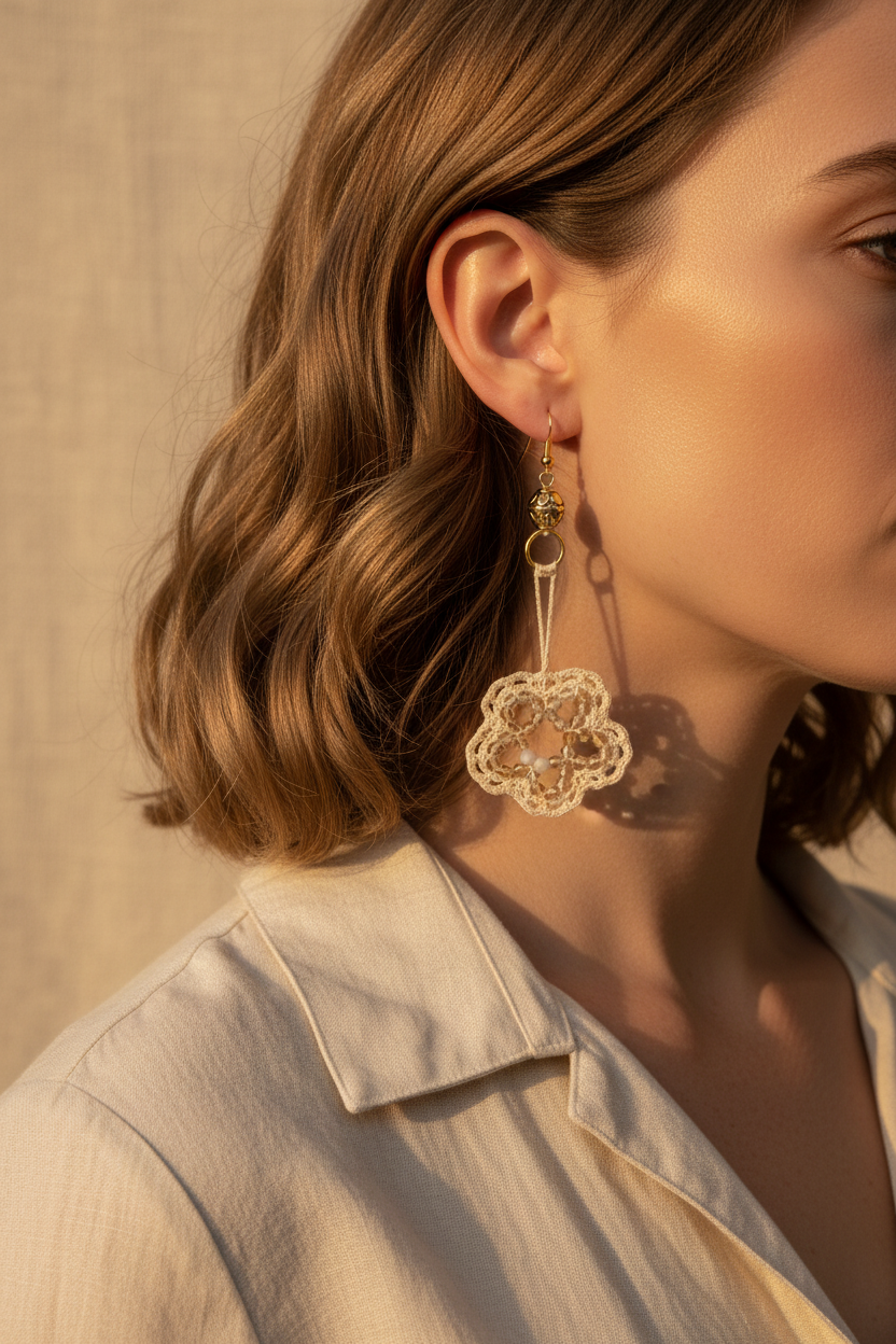 Photo portée — boucles d'oreilles crochet beige citrine facettée