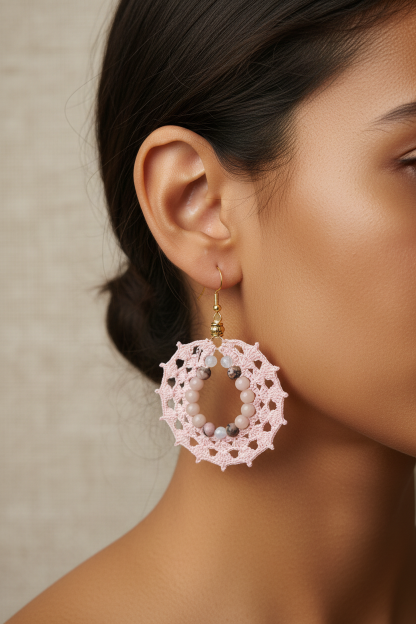 Boucles d'oreilles rose pâle portées, opale, pierre de lune et rhodonite