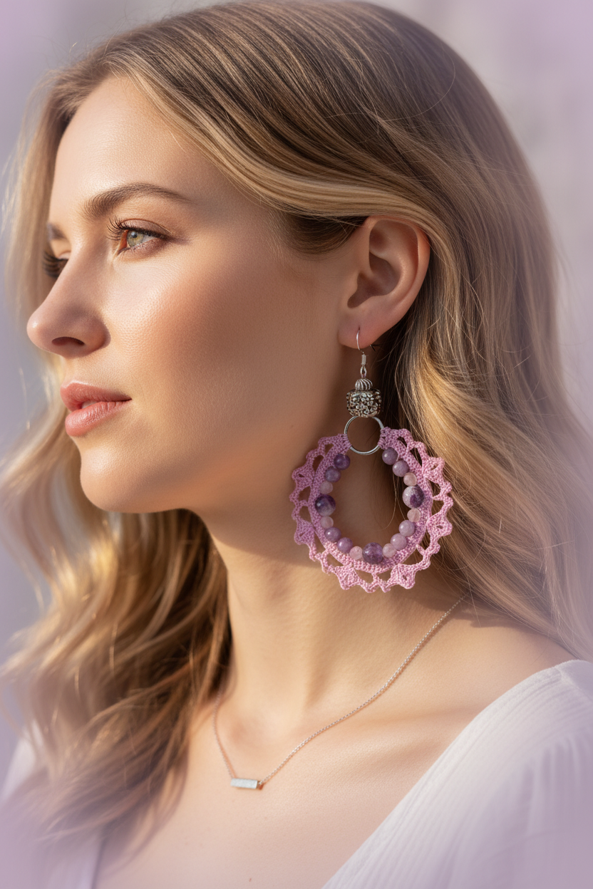 Photo portée – boucles crochet mauve améthyste chevron kunzite et lépidolite