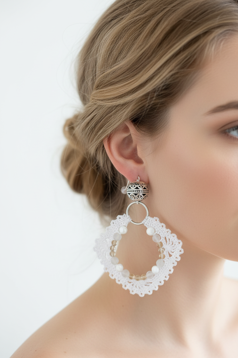 Photo portée boucles d'oreilles crochet blanc picots nacre pierre de lune citrine