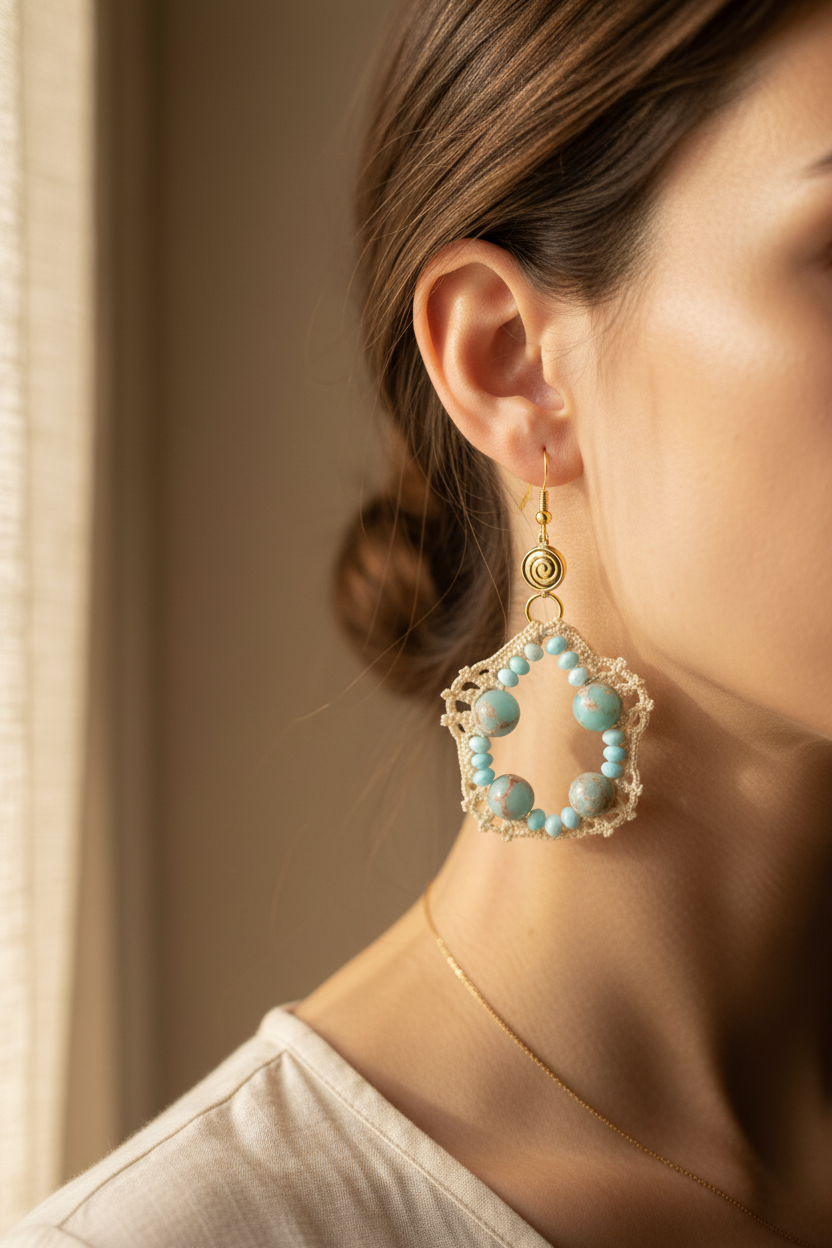 Photo portée — boucles d'oreilles crochet beige turquoise américaine et serpentine