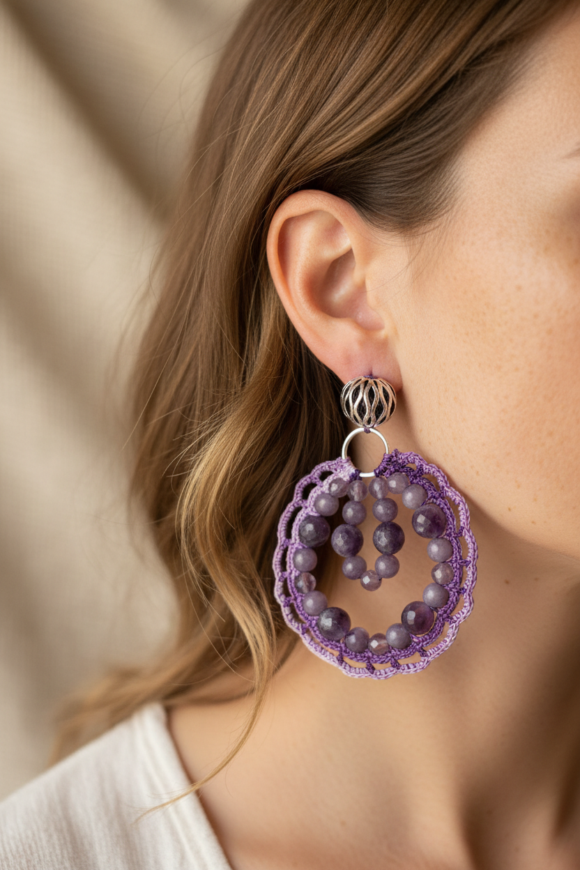 Boucles d'oreilles crochet violet portées — améthyste chevron et lépidolite