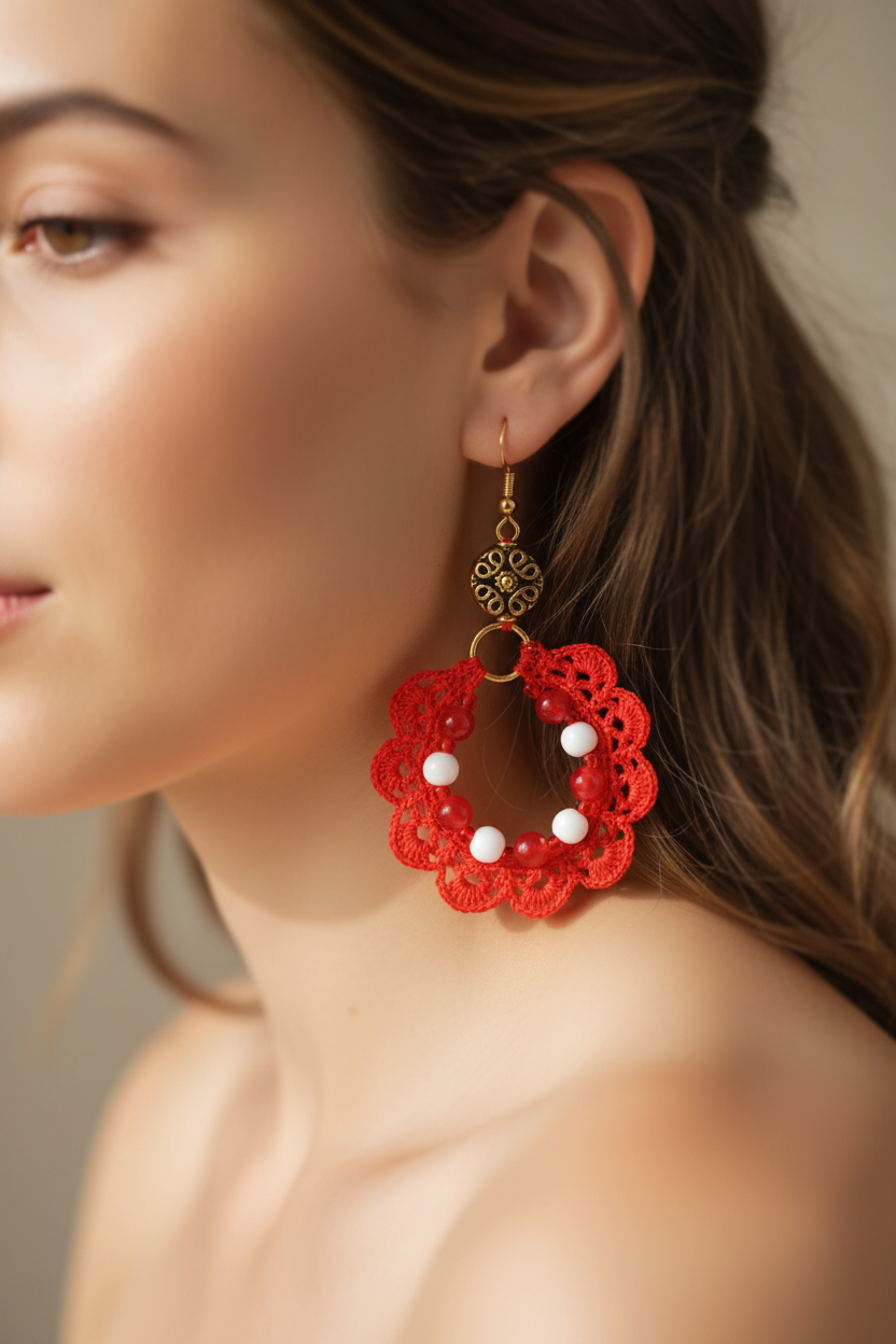 Photo portée – boucles d'oreilles crochet rouge vermillon agate blanche et rouge