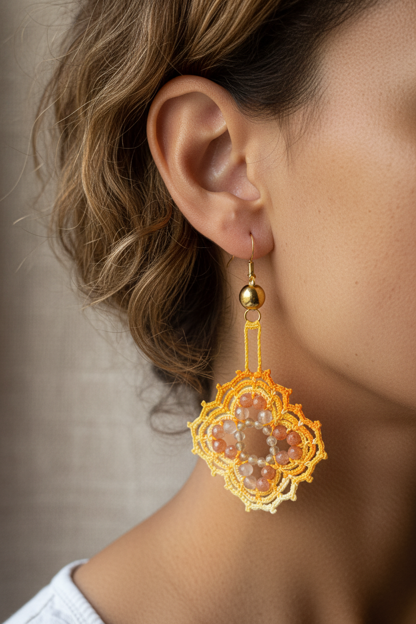 Photo porté – Boucles d'oreilles crochet dégradé jaune, citrine & pierre de soleil