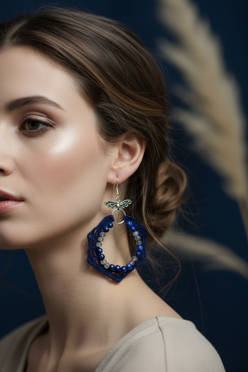 Photo portée – boucles crochet bleu foncé lapis-lazuli et labradorite facettées