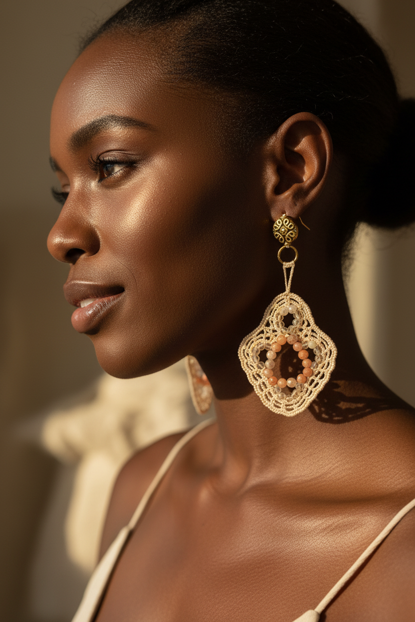 Photo portée — boucles d'oreilles crochet beige pierre de soleil et citrine
