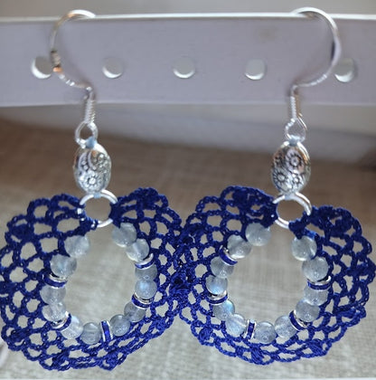 Boucles d'oreilles Labradorite & Strass Bleus – Coton Bleu Foncé & Argent 925
