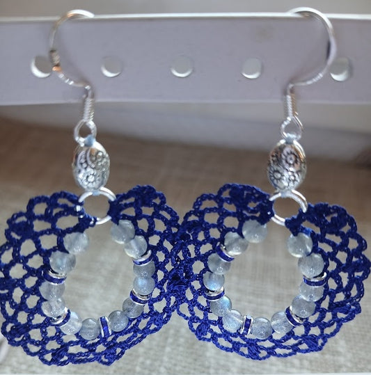 Boucles d'oreilles Labradorite & Strass Bleus – Coton Bleu Foncé & Argent 925