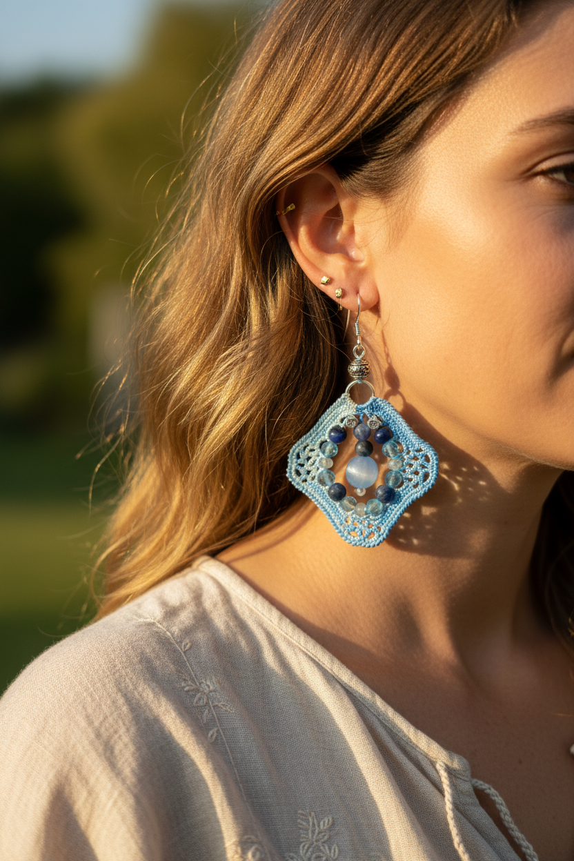 Photo portée boucles d'oreilles bleues